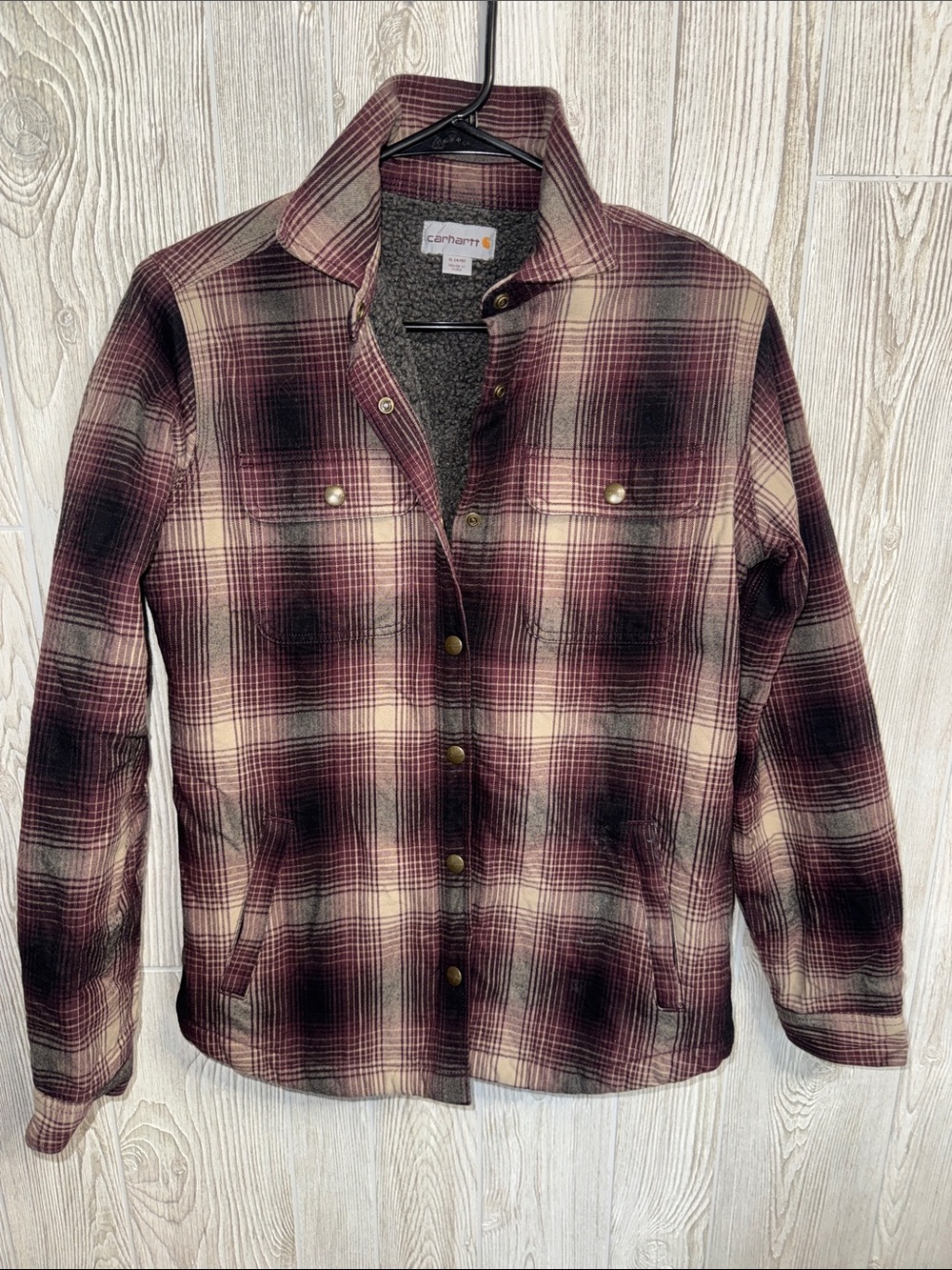 Carhartt Hubbard Sherpa Lined  Burgundy and Cream Plaid Snap-Front Jacket